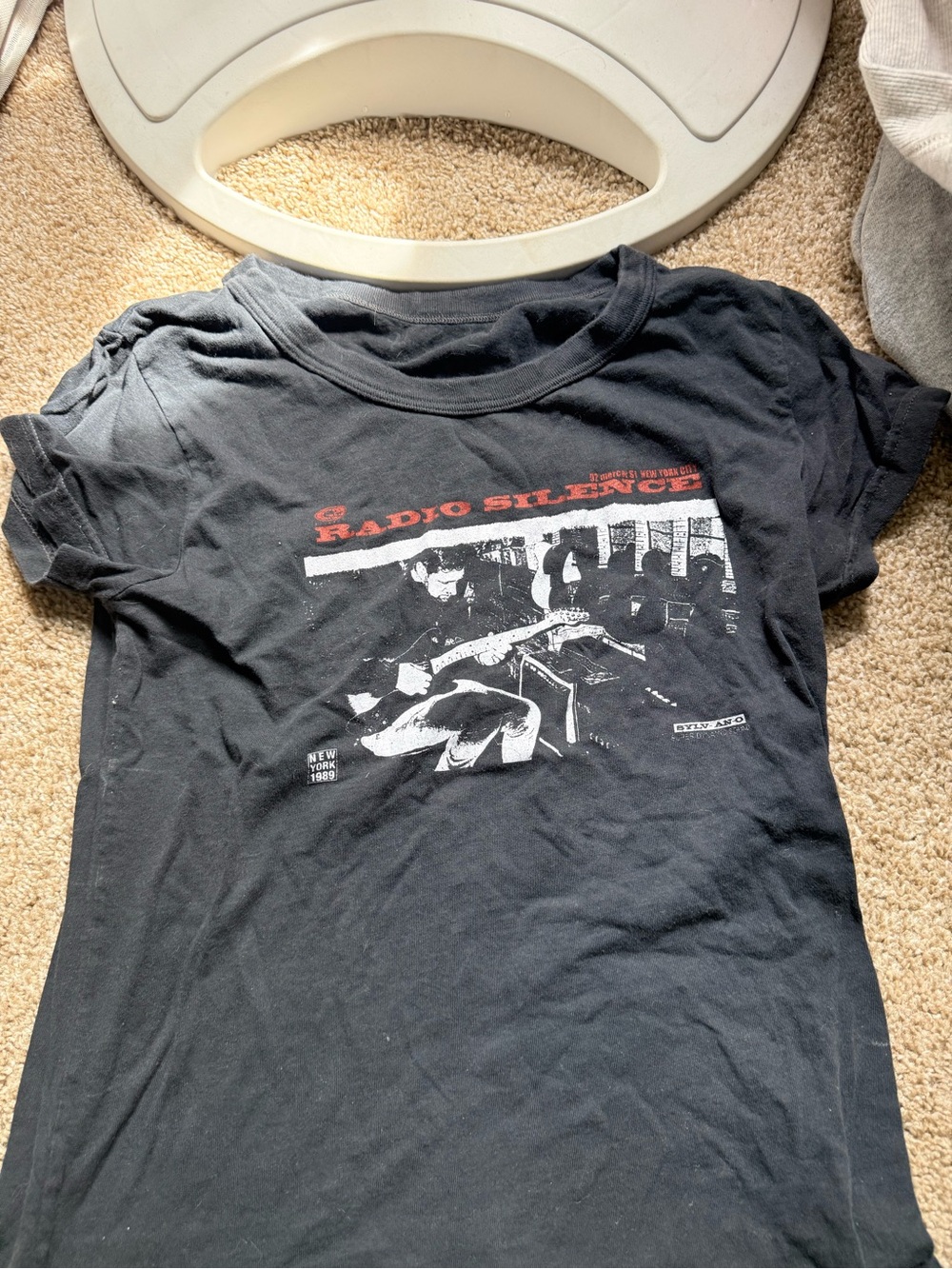 Brandy Melville Black Tee with Red & White Radio Graphic